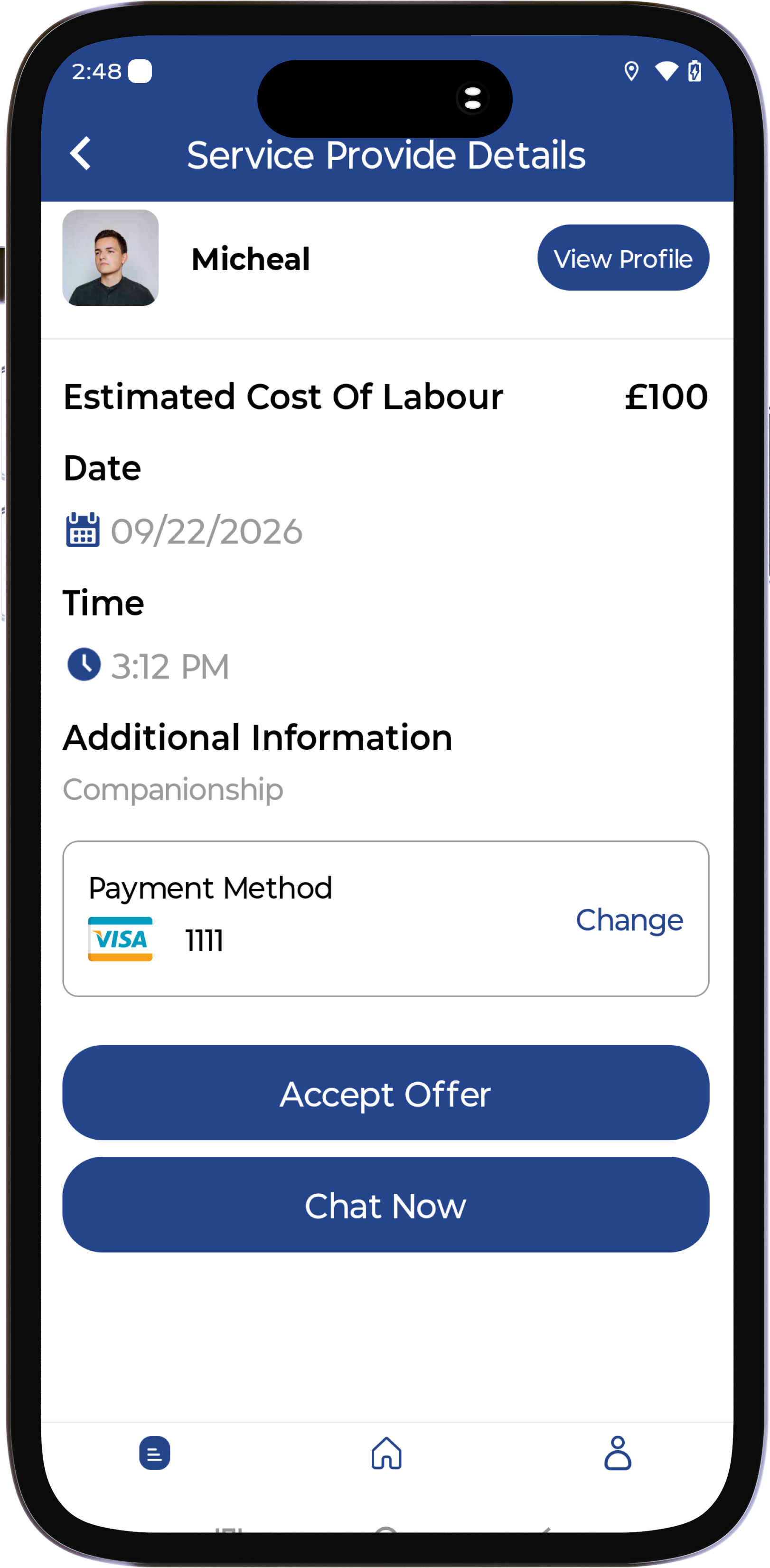 I-Care Connect receiver app screen for booking and tracking care